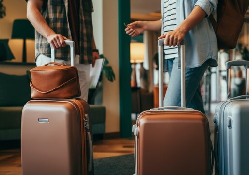Travelers with luggage preparing for check-in at hotel lobby