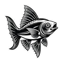 halibut fish design, labeled linocut vector silhouette illustration.