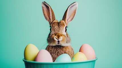 A cute rabbit peeks over colorful Easter eggs in a teal bowl, capturing the playful spirit of springtime celebrations.