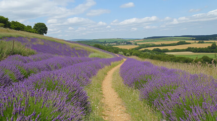 Endless lavender fields in full bloom under a bright summer sky, with a path winding through the fragrant flowers