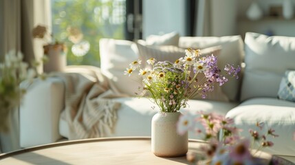 A cozy living room with a floral centerpiece on a wooden table, inviting a relaxed atmosphere and warmth