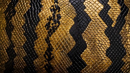 Closeup of dark black and golden snake skin texture. Exotic reptile animal pattern print wallpaper, leather fashion textile natural material, luxury, tropical safari lizard, surface 