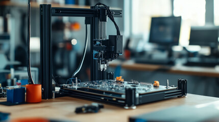 Open-source hardware on a workbench, with circuit boards and 3D-printed components being assembled by a tech enthusiast