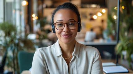 Phone calls in a corporate office, with a professional wearing a headset and a notepad on the desk