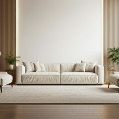 A serene and minimalist living room with a focus on neutral tones and natural light. A large sofa in a soft beige hue dominates the space, creating a comfortable seating area