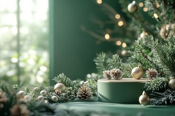 3D rendering of geometric podium with Christmas decorations on green background. Minimalistic product presentation style, green and white color palette, digital art created in Cinema4D with Octane Ren
