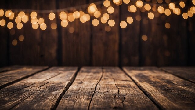 Rustic barn wood board table surface mockup background with gold bokeh lights 