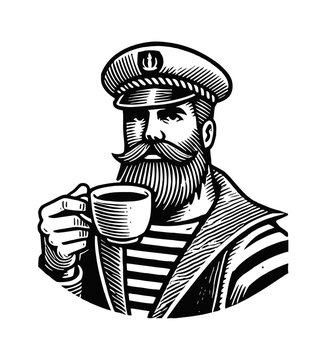 recommend clip art: sailor holding a coffee cup engraving black and white outline