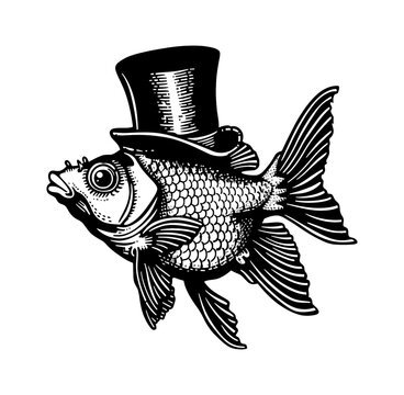 recommend clip art: gold fish top hat engraving black and white outline