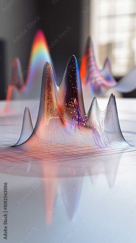 Poster Colorful data peaks reflecting on surface, representing big data analysis and visualization