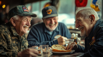 Veterans enjoying meal together at local diner, sharing laughter and camaraderie over food. warm atmosphere highlights their friendship and shared experiences
