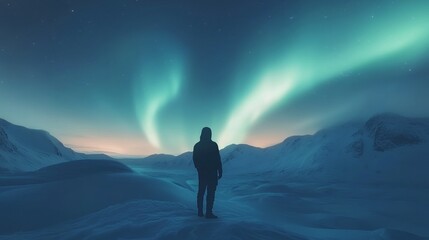 Obraz premium Contemplating Silhouette Illuminated by the Aurora Borealis in a Snowy Mountain Landscape