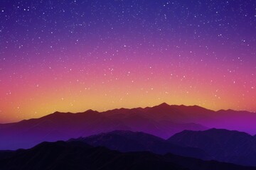 A vibrant sunset casts purple and orange hues over mountains, sprinkled with shimmering stars in a serene twilight sky.