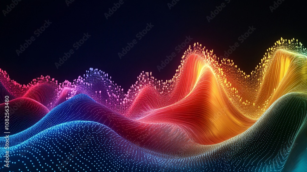 Poster Abstract colorful particle waves flowing on black background