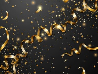 Naklejka premium Gold confetti and ribbons scattered on a transparent background