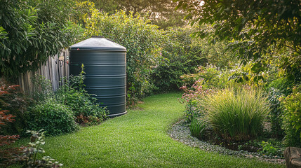 Rainwater storage tank in a lush backyard garden, highlighting sustainable practices and water conservation at home...