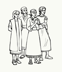 Vector drawing. Daniel and his friends refuse the king's food