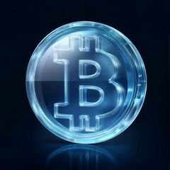 Transparent 3D Glass Bitcoin Logo on Dark Background