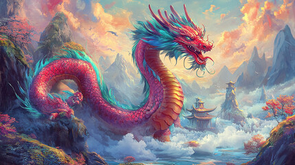 Obraz premium A vibrant and intricate Chinese dragon, symbolizing prosperity and celebration, in a dynamic setting with colorful accents and festive energy.