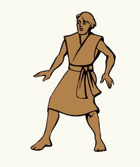 Vector drawing. Fearfull man in ancient dress