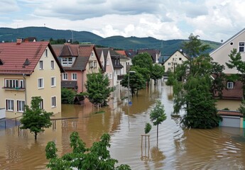 Houses submerged in tranquil floodwaters under summer sky