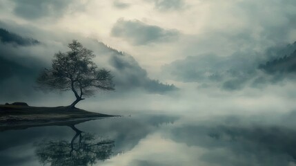 Solitary Tree by Misty Lake in Mountainous Landscape