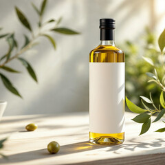 A olive oil concept prepared for mockup, with label on glass of bottle on a light wooden table
