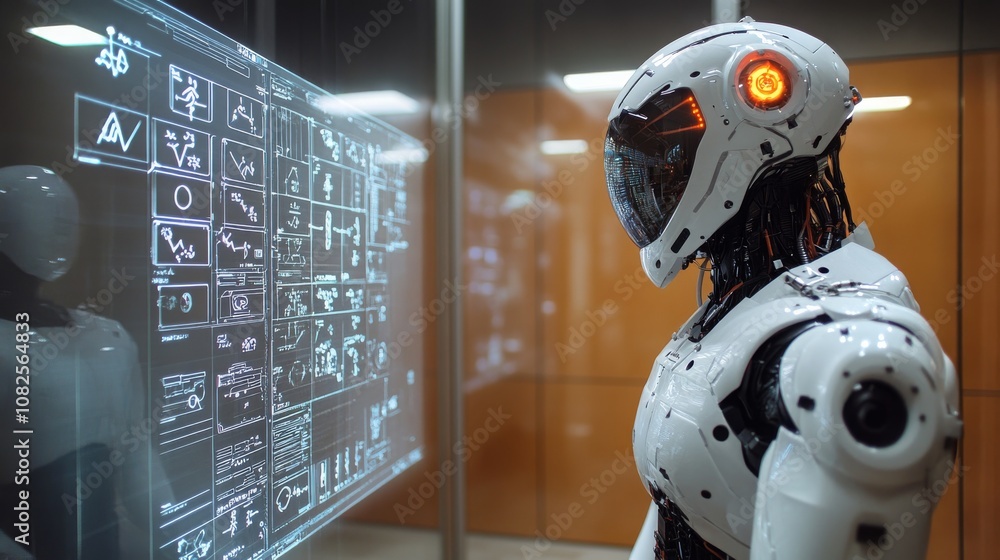 Poster an android practices human speech in a futuristic lab filled with holographic data displays