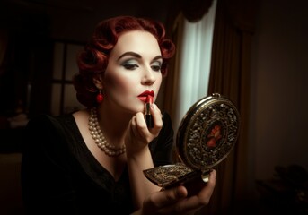 Vintage woman applying red lipstick with decorative mirror