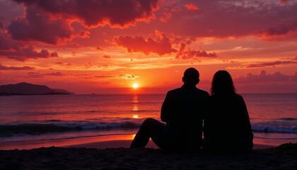Couple sitting together on beach at sunset with beautiful ocean and dramatic sky
