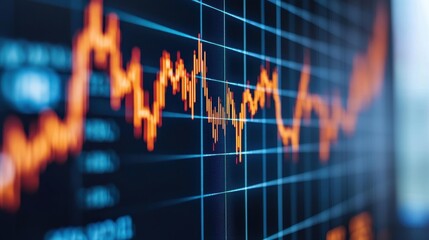 A close-up of a financial graph displaying fluctuating trends, highlighted in orange against a dark grid, representing market analysis or stock performance.