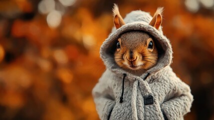 Squirrel wearing a cozy knitted hoodie surrounded by warm autumn colors with a soft focus background of blurred foliage.