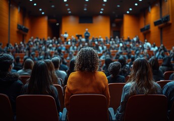 A group of students attentively listening in a large auditorium