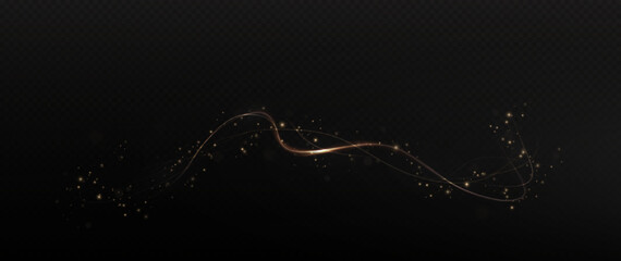 Gold curved light line, rope, spiral, tape. Smooth festive gold line png with light effects. Light golden Twirl png. Curve light effect of golden line.