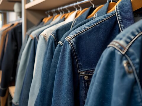 Denim jacket display on an open rack at the store for customer to shop and try on in the fitting room