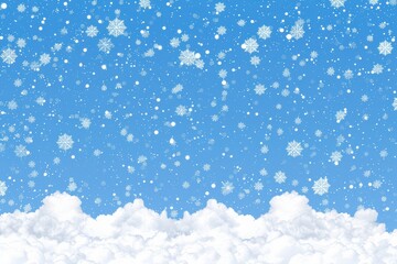 Fototapeta premium A serene winter sky with fluffy white clouds and gently falling snowflakes against a bright blue backdrop.