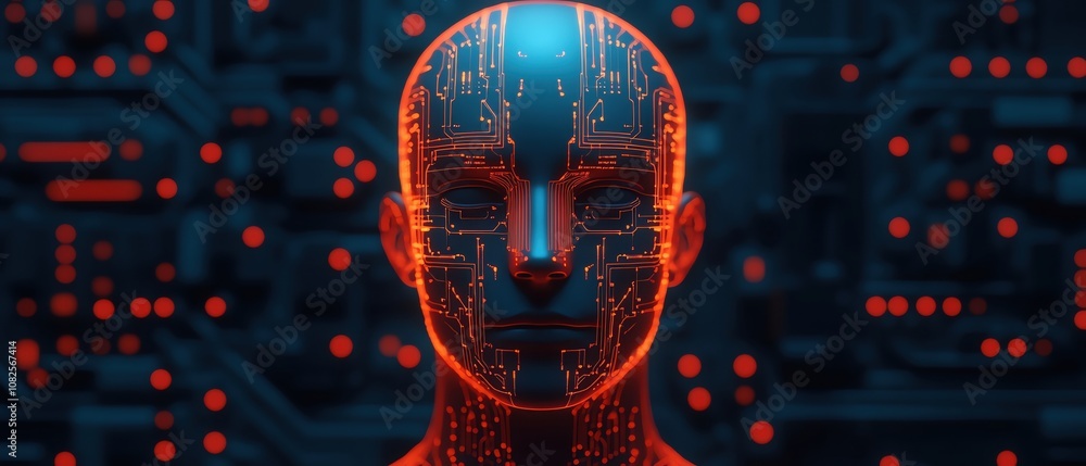 Poster futuristic robotic head with glowing circuits and digital patterns.