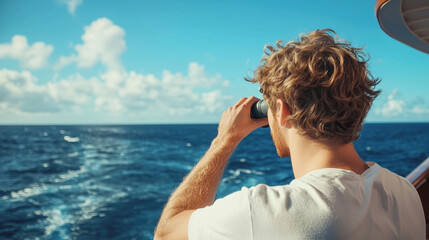 Fototapeta premium Young man observing the ocean with binoculars on a boat