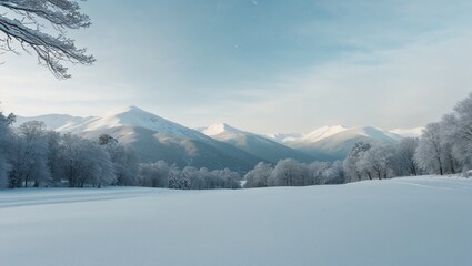 Obraz premium Stunning winter landscape featuring snow-covered mountains and frosty trees under a soft blue sky