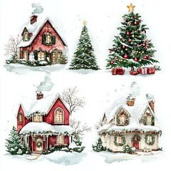 Naklejka premium Beautiful and cozy houses, christmas red and green decorations