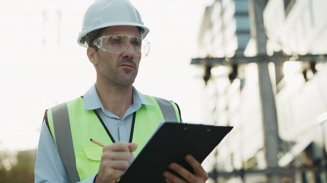 Portrait of man engineer in safety vest recording on-site observations looking away. Male worker in hardhat holds clipboard writing down inspection results for compliance