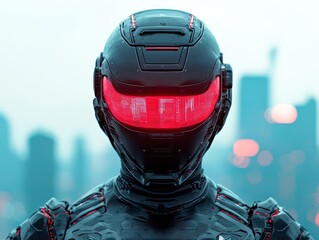 Female cyber warrior, hightech armor with holographic shield, futuristic cityscape, 3D illustration