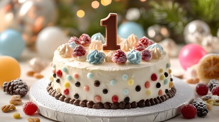 Decorated 1st Birthday Cake, on White Background, Realistic Photo, Wallpaper, Cover and Screen for Smartphone, PC, Laptop, 9:16 and 16:9 Format
