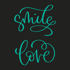 Christmas lettering. Smile and love on a black background. Vector illustration