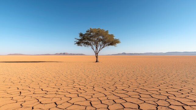 Isolated tree in arid desert landscape with cracked ground under clear blue sky, highlighting desolation and environmental conditions.