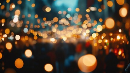 Holiday market with blurred lights and decorations, capturing the warmth and joy of Christmas festivities