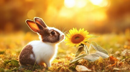 Cute Rabbit with Sunflower in Sunny Field