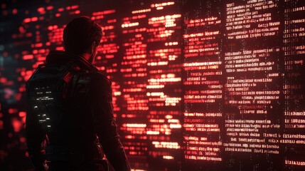 Futuristic Hacker Staring at Glowing Firewall Data Grid with Shadowy Elements and Intense Red Light in a High-Tech Environment