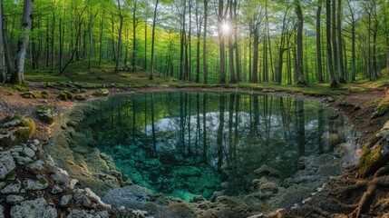 Serene forest landscape with mineral water spring and dappled sunlight