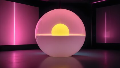 holographic ball in building on black background. 3D rendering of glossy white  ball in holographic